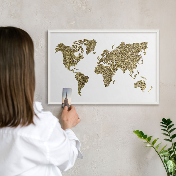 Lavagna magnetica stampata per calamite con cornice bianca Mappa del mondo