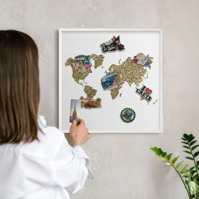 Lavagna magnetica stampata per calamite con cornice bianca Mappa del mondo
