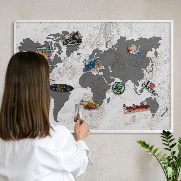 Lavagna magnetica da parete per calamite di colore bianco Mappa del mondo