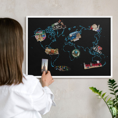 Lavagna magnetica stampata per calamite con cornice bianca Mappa del mondo