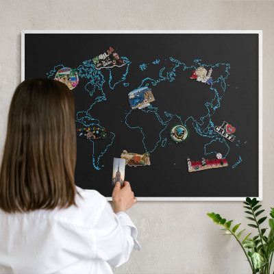 Lavagna magnetica stampata per calamite con cornice bianca Mappa del mondo