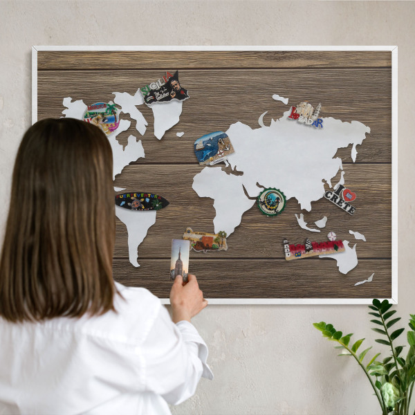 Lavagna magnetica da parete per calamite di colore bianco Mappa in legno