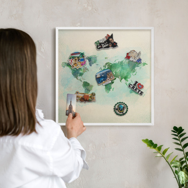 Lavagna magnetica stampata per calamite con cornice bianca Mappa del mondo