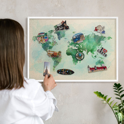 Lavagna magnetica stampata per calamite con cornice bianca Mappa del mondo