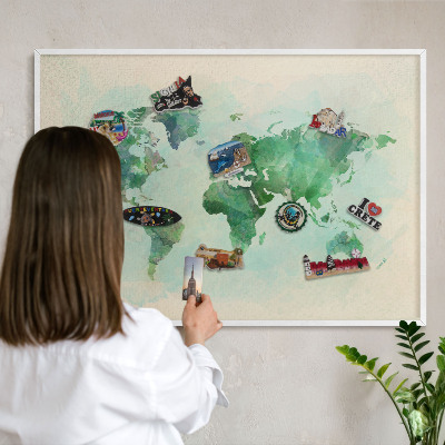 Lavagna magnetica stampata per calamite con cornice bianca Mappa del mondo