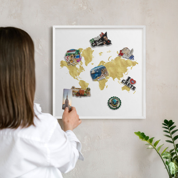 Lavagna magnetica stampata per calamite con cornice bianca Mappa del mondo