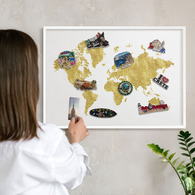 Lavagna magnetica stampata per calamite con cornice bianca Mappa del mondo