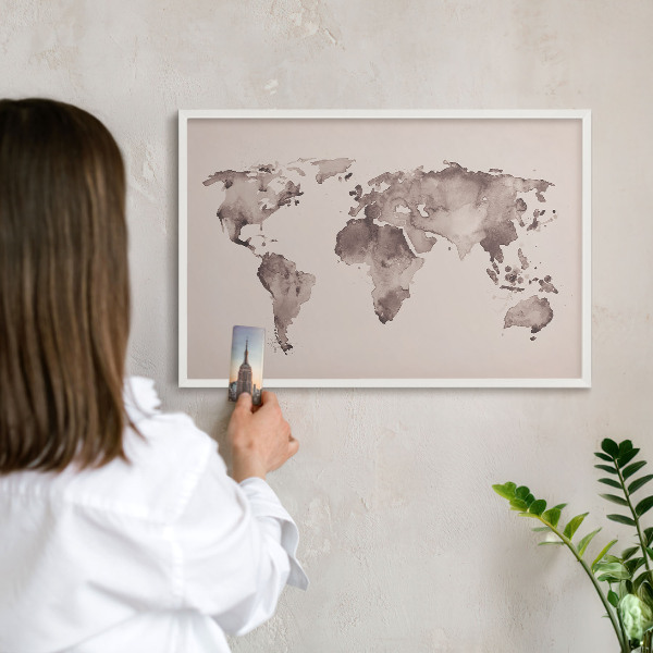 Lavagna magnetica stampata per calamite con cornice bianca Mappa del mondo