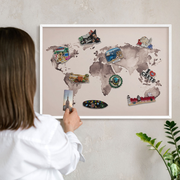 Lavagna magnetica stampata per calamite con cornice bianca Mappa del mondo