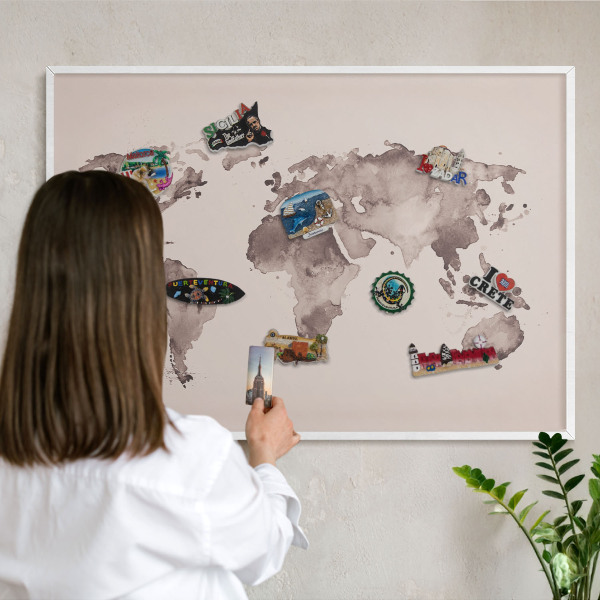 Lavagna magnetica stampata per calamite con cornice bianca Mappa del mondo