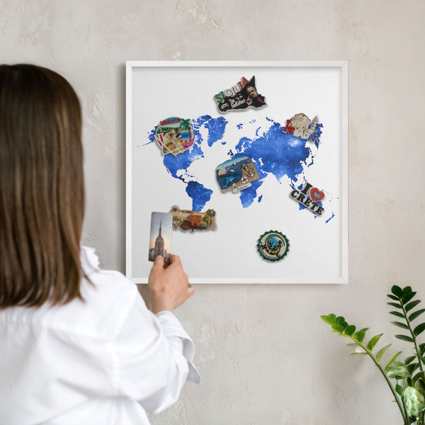 Lavagna magnetica stampata per calamite con cornice bianca Mappa del mondo