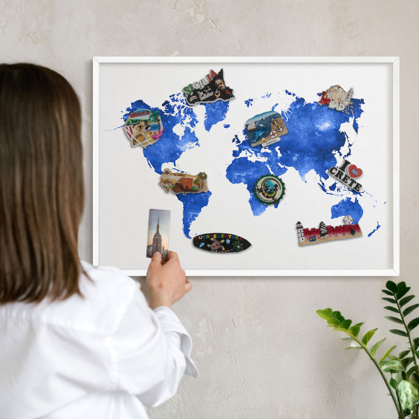 Lavagna magnetica stampata per calamite con cornice bianca Mappa del mondo