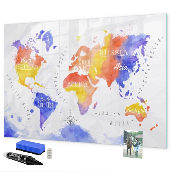 Lavagna magnetica scrivibile Mappa del mondo a colori con foto