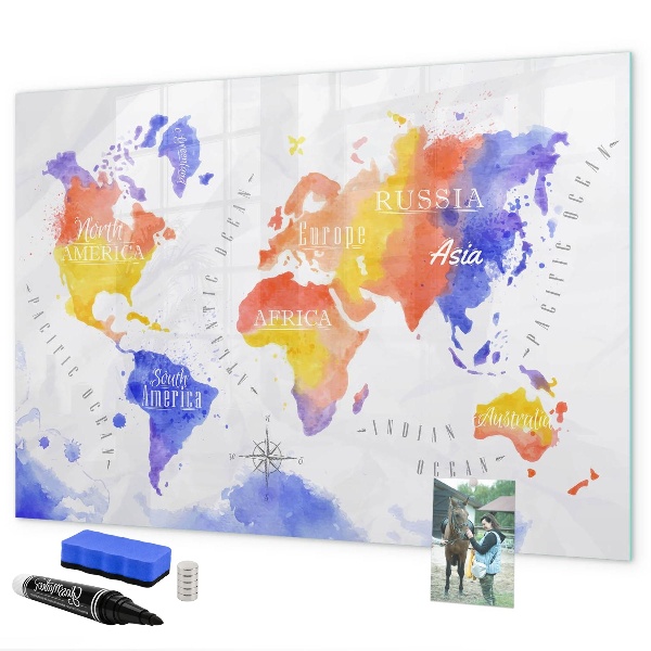 Lavagna magnetica scrivibile Mappa del mondo a colori con foto