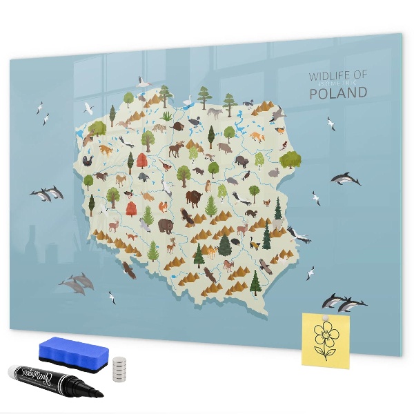 Lavagna magnetica con pennarelli Mappa naturalistica della Polonia con i luoghi ideali per scattare foto.
