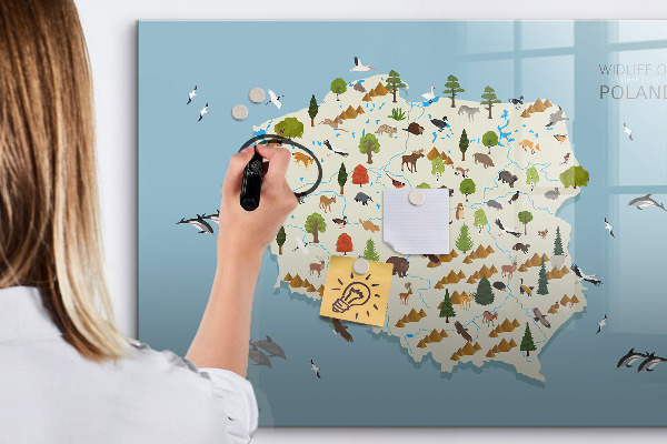 Lavagna magnetica con pennarelli Mappa naturalistica della Polonia con i luoghi ideali per scattare foto.
