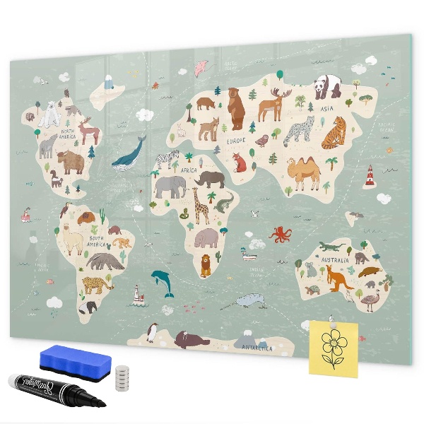 Lavagna magnetica con pennarelli Mappa del mondo con illustrazioni di animali