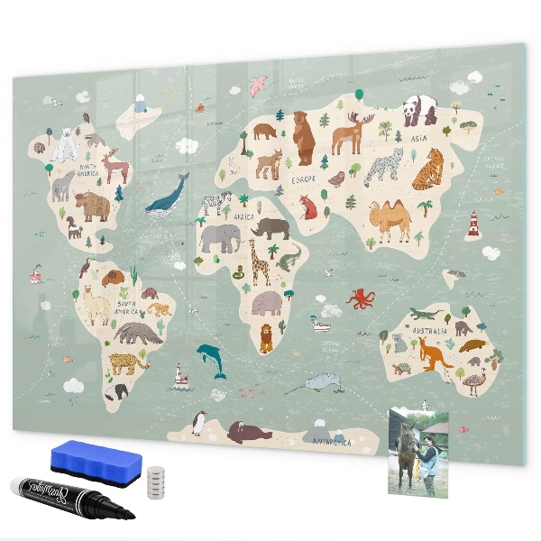 Lavagna magnetica con pennarelli Mappa del mondo con illustrazioni di animali