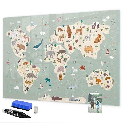 Lavagna magnetica con pennarelli Mappa del mondo con illustrazioni di animali