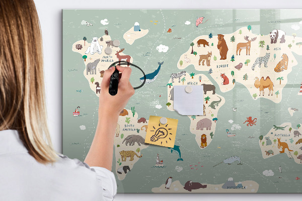 Lavagna magnetica con pennarelli Mappa del mondo con illustrazioni di animali
