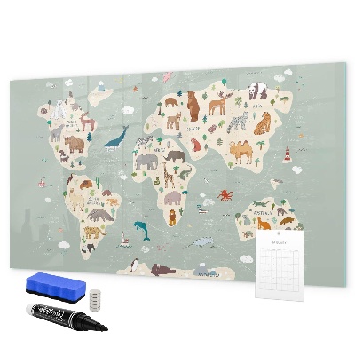 Lavagna magnetica con pennarelli Mappa del mondo con illustrazioni di animali