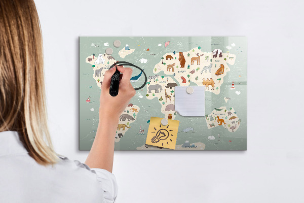 Lavagna magnetica con pennarelli Mappa del mondo con illustrazioni di animali