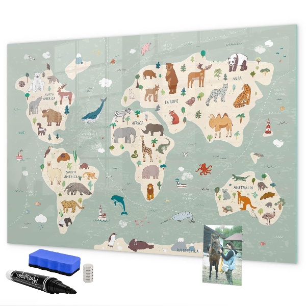 Lavagna magnetica con pennarelli Mappa del mondo con illustrazioni di animali