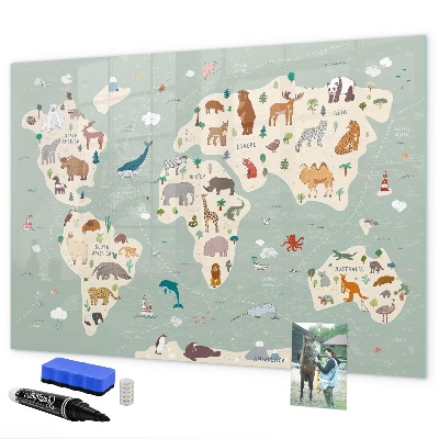 Lavagna magnetica con pennarelli Mappa del mondo con illustrazioni di animali