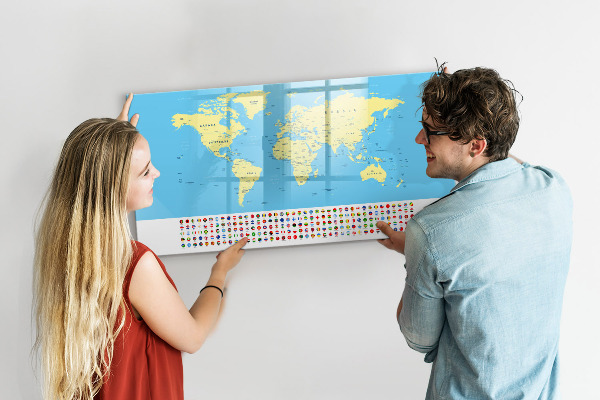Lavagna magnetica scrivibile Mappa del mondo con indicazione delle posizioni delle foto