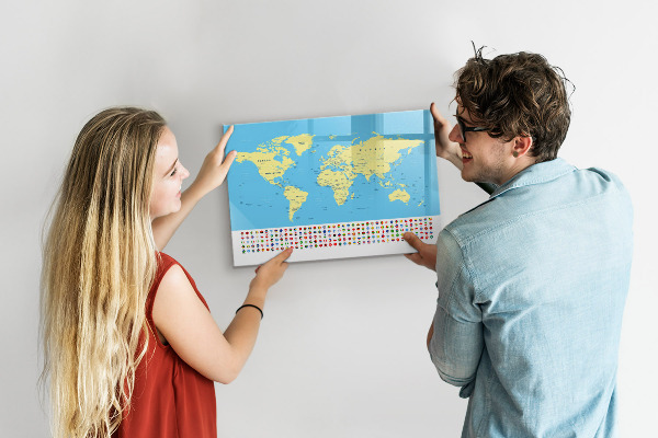 Lavagna magnetica scrivibile Mappa del mondo con indicazione delle posizioni delle foto