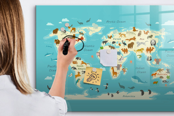 Lavagna magnetica con pennarelli Mappa del mondo con illustrazioni e foto