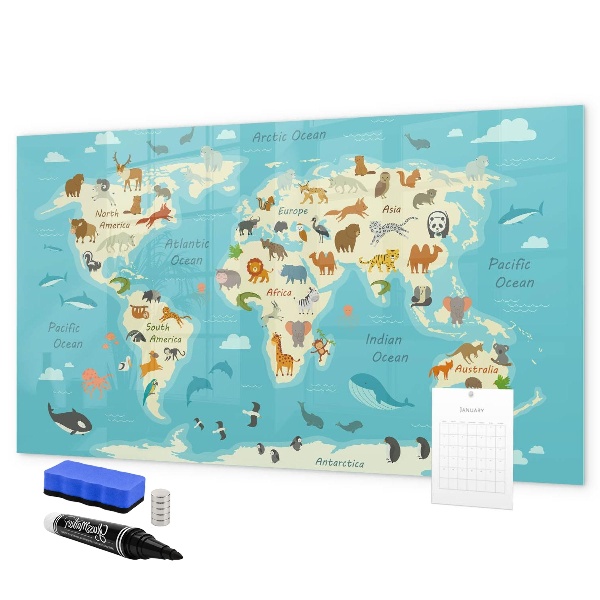 Lavagna magnetica con pennarelli Mappa del mondo con illustrazioni e foto