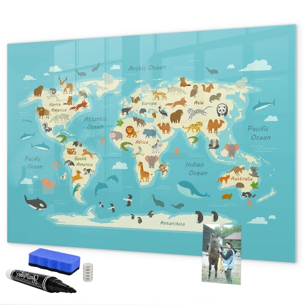 Lavagna magnetica con pennarelli Mappa del mondo con illustrazioni e foto