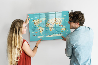 Lavagna magnetica con pennarelli Mappa del mondo con illustrazioni e foto