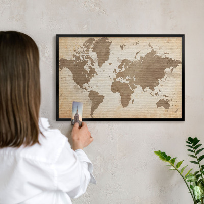 Lavagna magnetica in metallo decorata di colore nero Mappa del mondo
