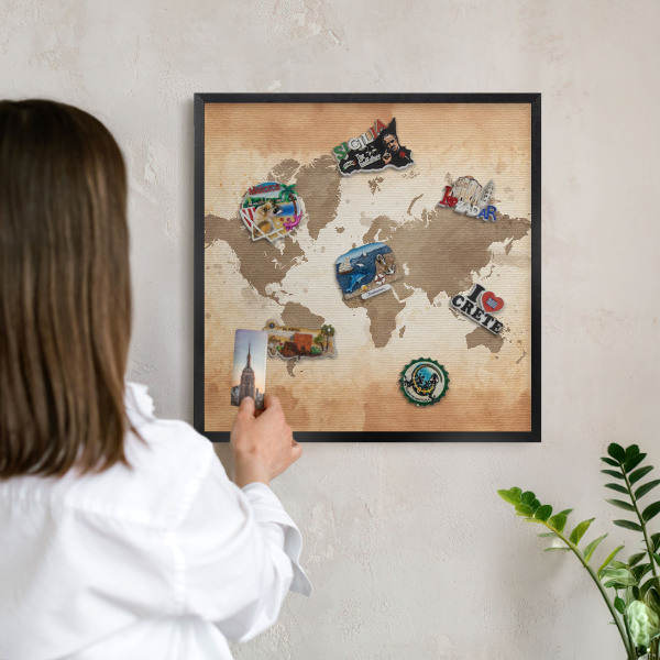 Lavagna magnetica in metallo decorata di colore nero Mappa del mondo