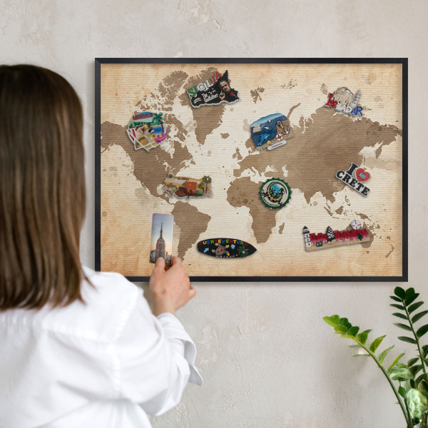 Lavagna magnetica in metallo decorata di colore nero Mappa del mondo