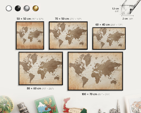 Lavagna magnetica in metallo decorata di colore nero Mappa del mondo