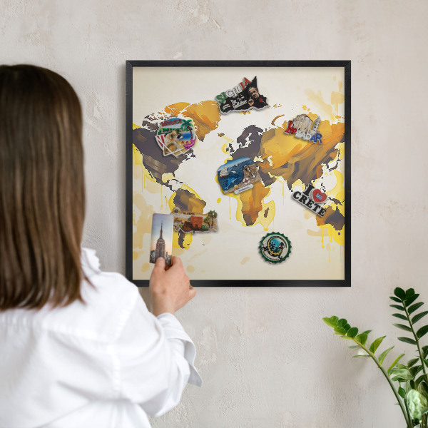 Lavagna magnetica in metallo decorata di colore nero Mappa del mondo