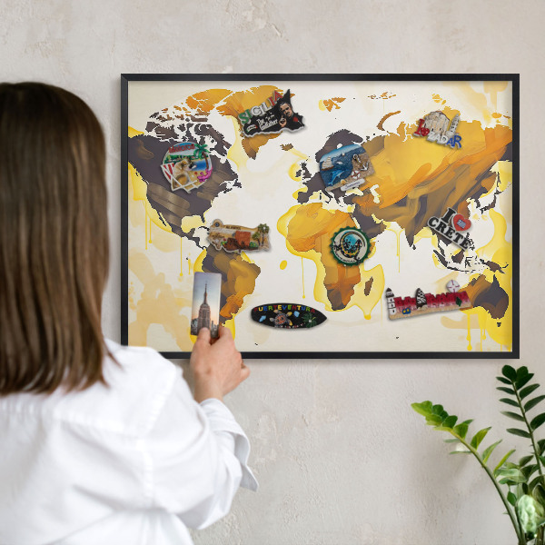 Lavagna magnetica in metallo decorata di colore nero Mappa del mondo