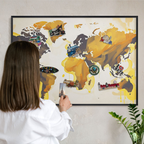 Lavagna magnetica in metallo decorata di colore nero Mappa del mondo