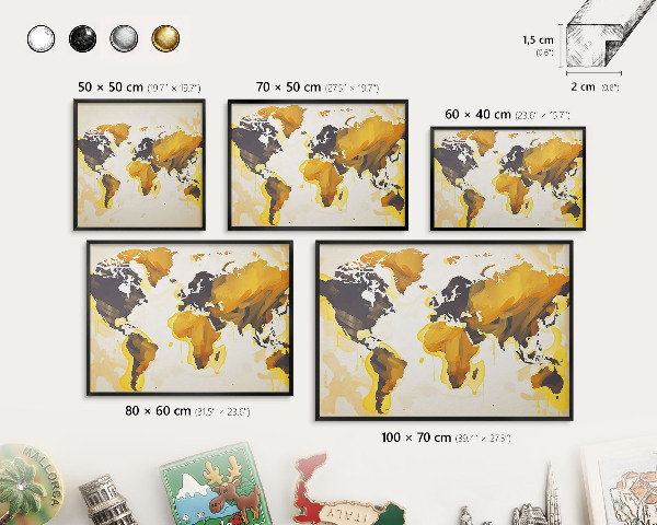 Lavagna magnetica in metallo decorata di colore nero Mappa del mondo