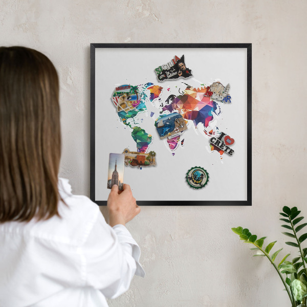 Lavagna magnetica per collezioni di calamite con cornice nera Mappa del mondo