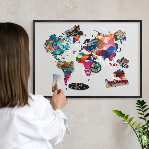 Lavagna magnetica per collezioni di calamite con cornice nera Mappa del mondo