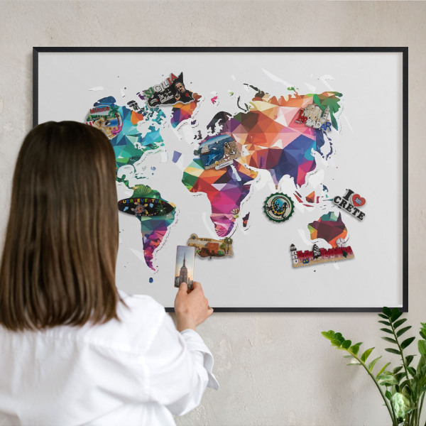 Lavagna magnetica per collezioni di calamite con cornice nera Mappa del mondo