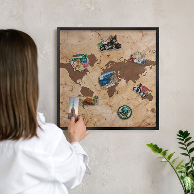 Lavagna magnetica in metallo decorata di colore nero Mappa del mondo