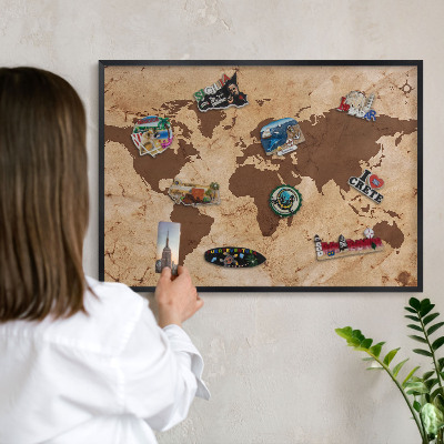 Lavagna magnetica in metallo decorata di colore nero Mappa del mondo