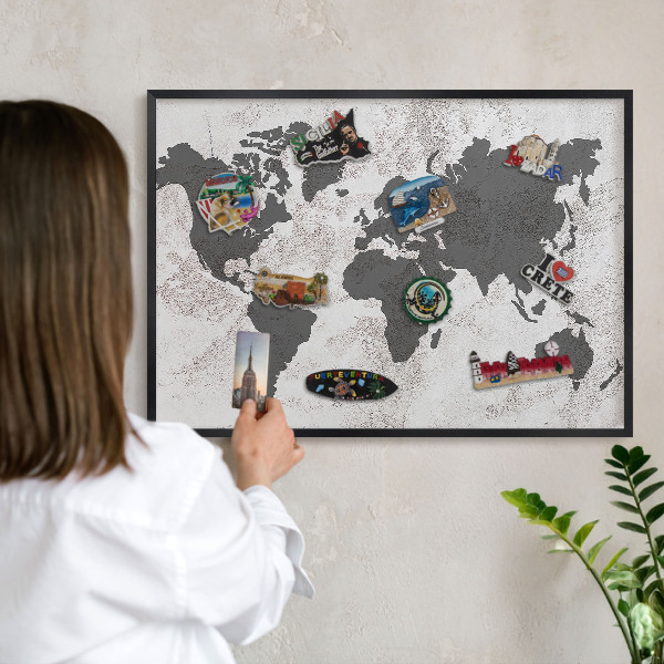 Lavagna magnetica in metallo decorata di colore nero Mappa del mondo