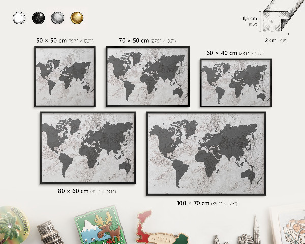 Lavagna magnetica in metallo decorata di colore nero Mappa del mondo