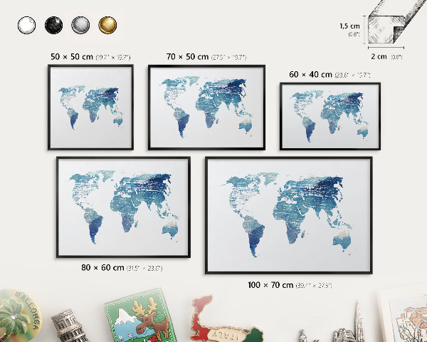 Lavagna magnetica in metallo decorata di colore nero Mappa ad acquerello